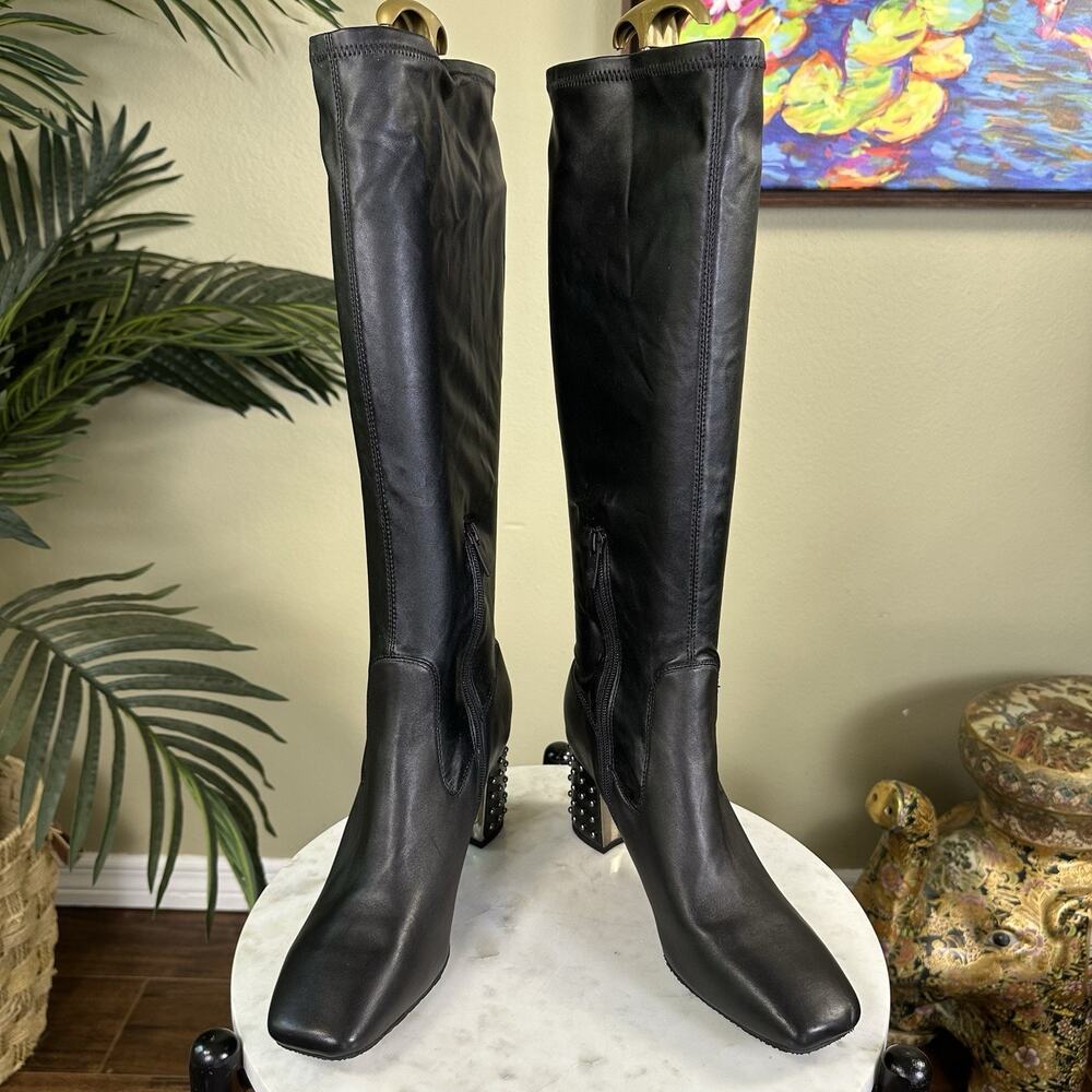 Donald Pliner Women 9 Crepe tall Stretch Black boots rivet pearl.
